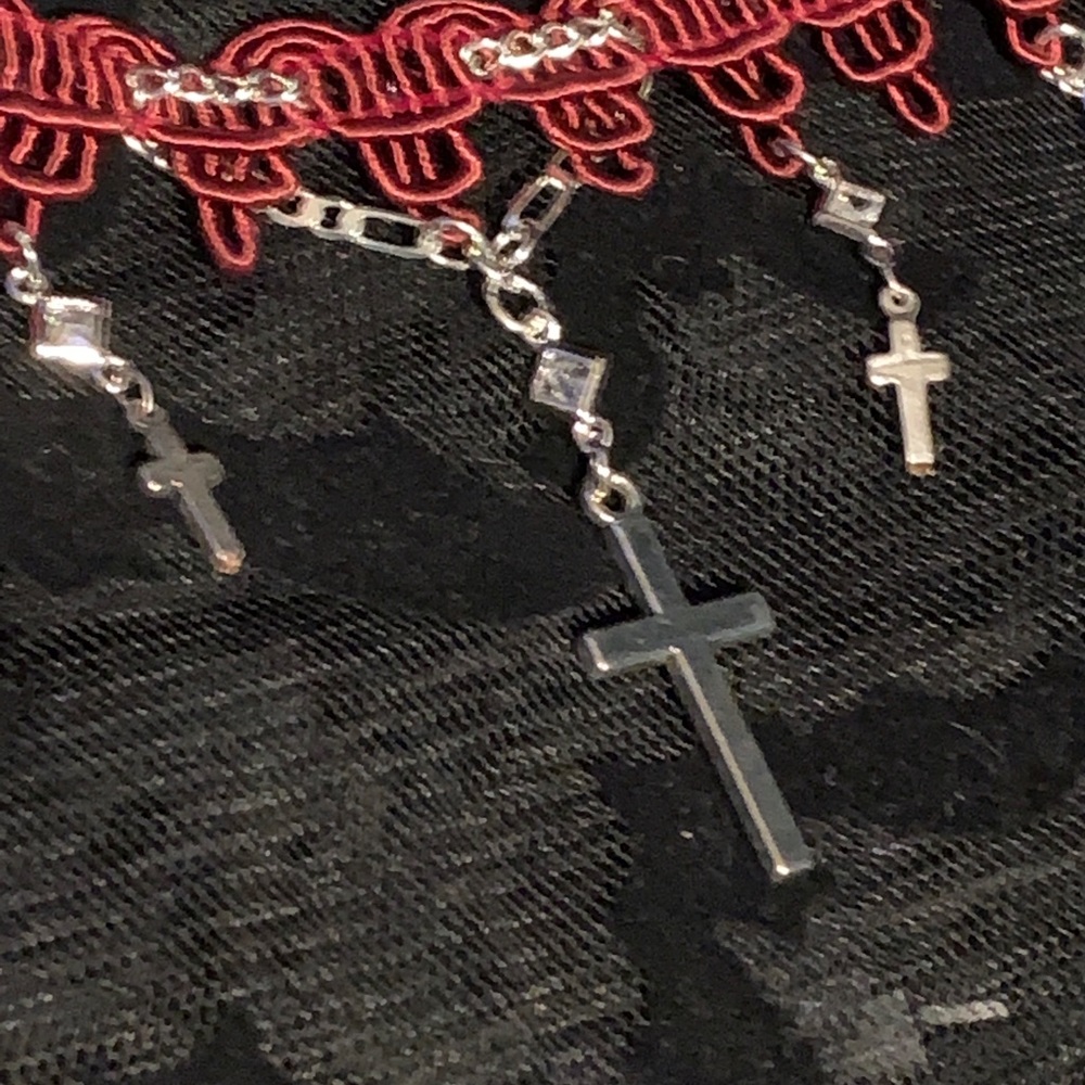 O.O.A.K. Red Ribbon Silver Rhinestone Cross Choker - Picture 8 of 13